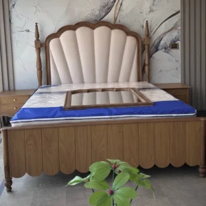 Elegant Walnut Finish Double Bed with Side Tables