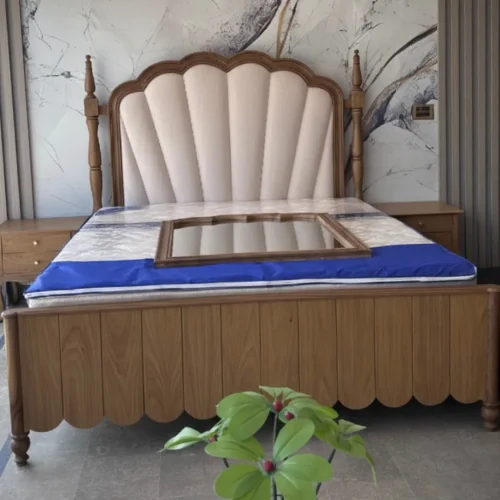 Elegant Walnut Finish Double Bed with Side Tables